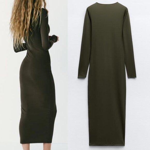 NEW Zara Olive Dark Green Fitted Polyamide Midi Dress S Sleek Stretchy Knit Slim - Picture 8 of 8